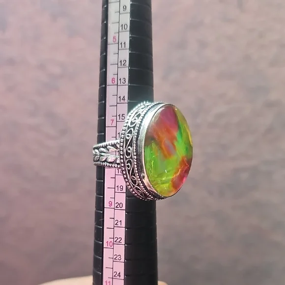 Pink and Green Statement Ring with Intricate Silver Setting - Picture 5 of 5